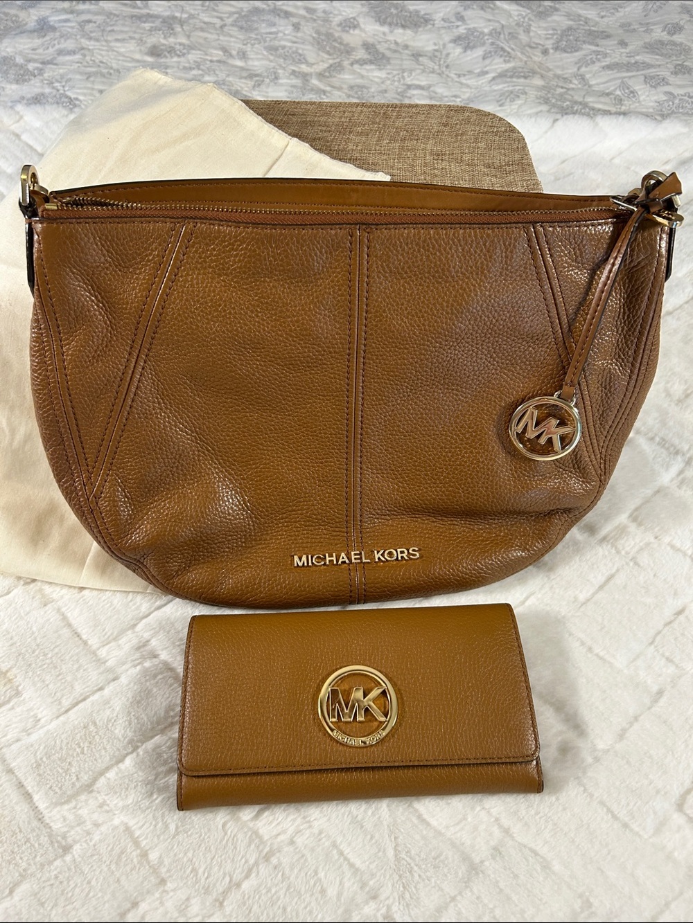 Michael Kors Tan Pebbled Leather Shoulder Bag with Matching Wallet